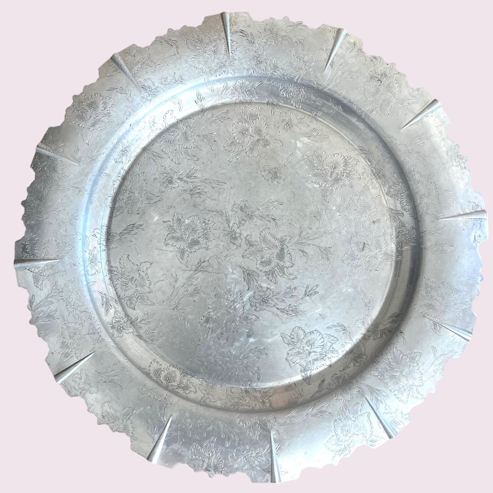 Forman Family Vintage Aluminum Serving Platter w/Etched Floral Design 17.5" W